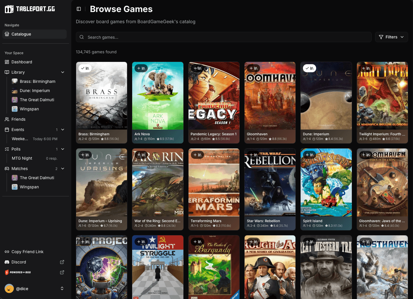 Tableport app interface showing game catalogue